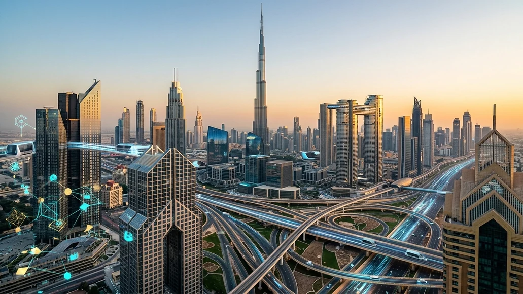 Dubai skyline at sunset featuring the Burj Khalifa and Sheikh Zayed Road interchange, overlaid with blockchain network graphics, illustrating RWA tokenization across UAE crypto frameworks.