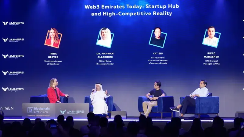 Irina Heaver at Blockchain Life 2024 in Dubai, UAE, speaking on crypto regulation, digital asset compliance, and Web3 legal strategy for Middle East and global blockchain markets