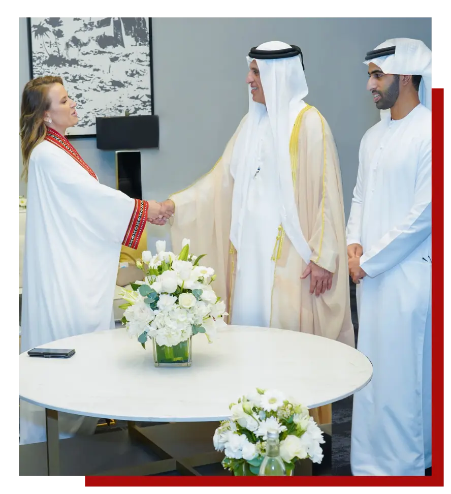 Irina Heaver with the Ruler of Ras Al Khaimah, UAE, discussing blockchain regulation, digital asset compliance, and Web3 legal strategy for regional and global investors