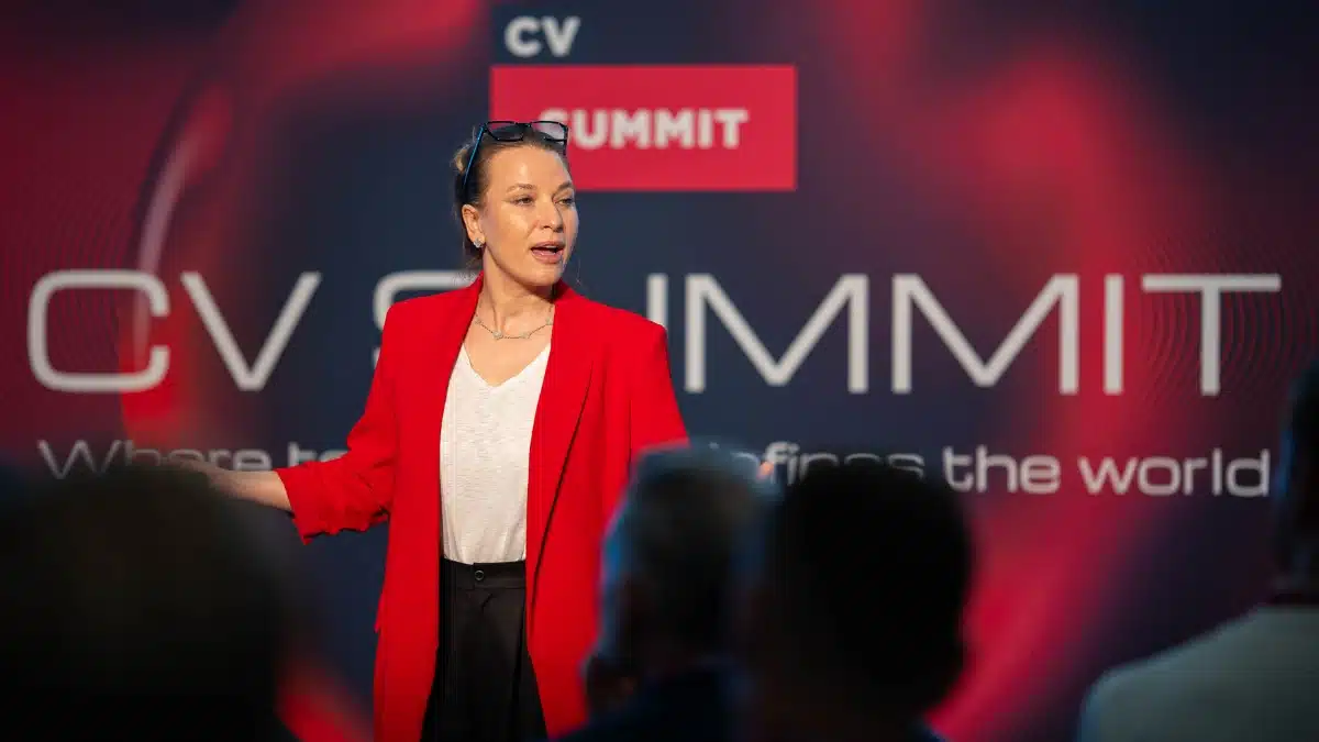Irina Heaver at CV Summit 2025 in Zurich, Switzerland, discussing blockchain regulation, digital asset compliance, and Web3 legal strategy for European and global crypto markets