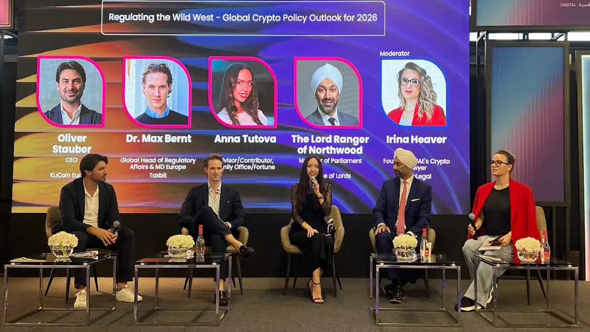 Irina Heaver at Future Blockchain Summit 2025 in Dubai, UAE, presenting on crypto regulation, digital asset compliance, and Web3 legal strategy for the Middle East